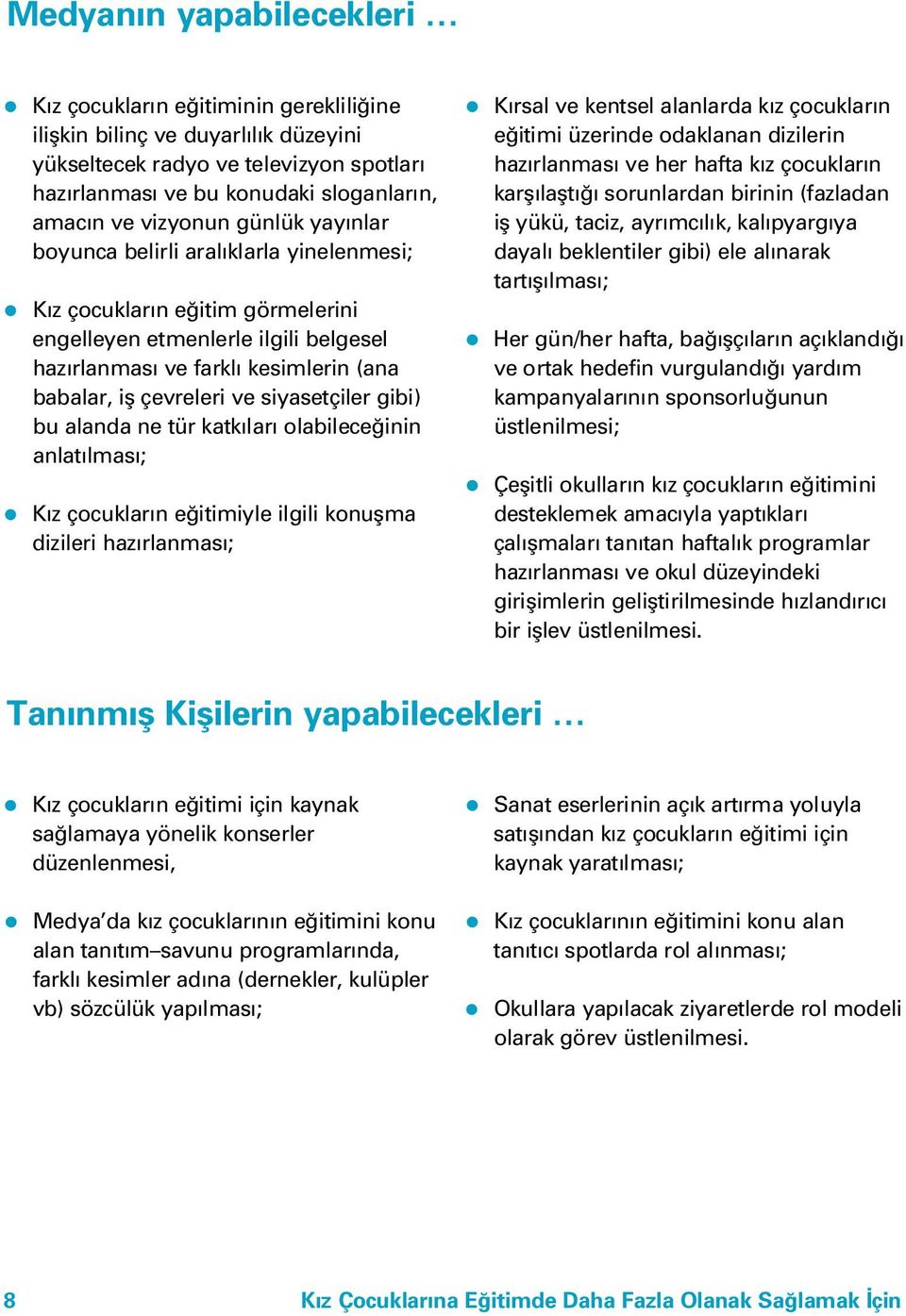 ve siyasetçiler gibi) bu alanda ne tür katk lar olabilece inin a n l a t l m a s ; K z çocuklar n e itimiyle ilgili konuflma dizileri haz rlanmas ; K rsal ve kentsel alanlarda k z çocuklar n e itimi