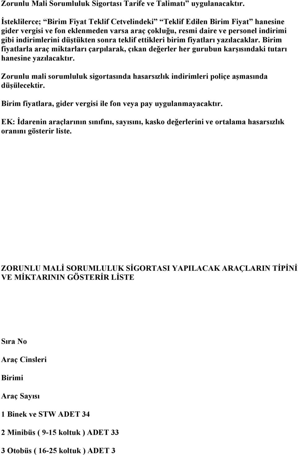 sonra teklif ettikleri birim fiyatları yazılacaklar. Birim fiyatlarla araç miktarları çarpılarak, çıkan değerler her gurubun karşısındaki tutarı hanesine yazılacaktır.