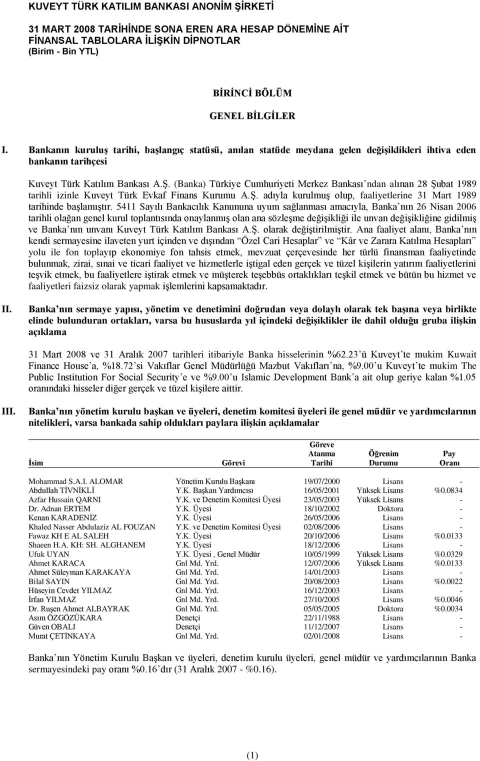 (Banka) Türkiye Cumhuriyeti Merkez Bankası ndan alınan 28 ġubat 1989 tarihli izinle Kuveyt Türk Evkaf Finans Kurumu A.ġ. adıyla kurulmuģ olup, faaliyetlerine 31 Mart 1989 tarihinde baģlamıģtır.