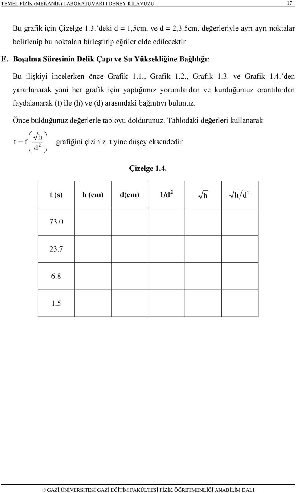 den yararlanarak yani her grafik için yaptığımız yorumlardan ve kurduğumuz orantılardan faydalanarak (t) ile (h) ve (d) arasındaki bağıntıyı bulunuz.