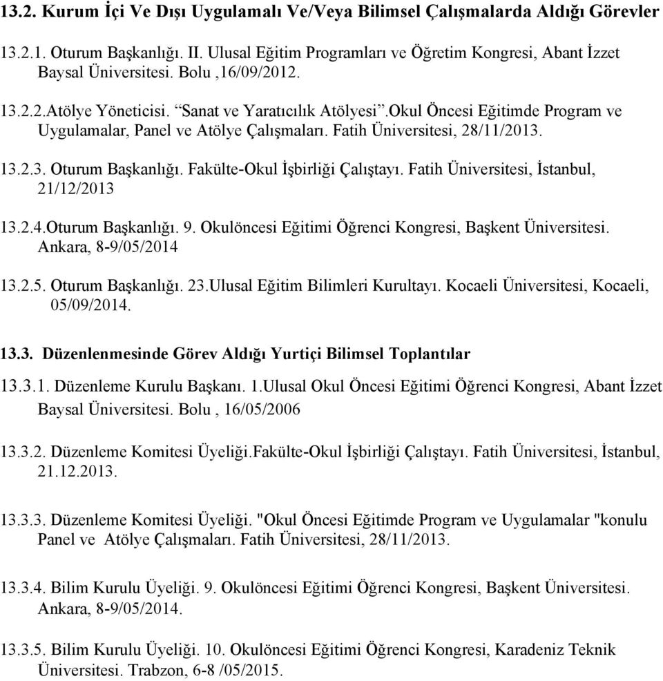 Fatih, İstanbul, 21/12/2013 13.2.4.Oturum Başkanlığı. 9. Okulöncesi Eğitimi Öğrenci Kongresi, Başkent. Ankara, 8-9/05/2014 13.2.5. Oturum Başkanlığı. 23.Ulusal Eğitim Bilimleri Kurultayı.