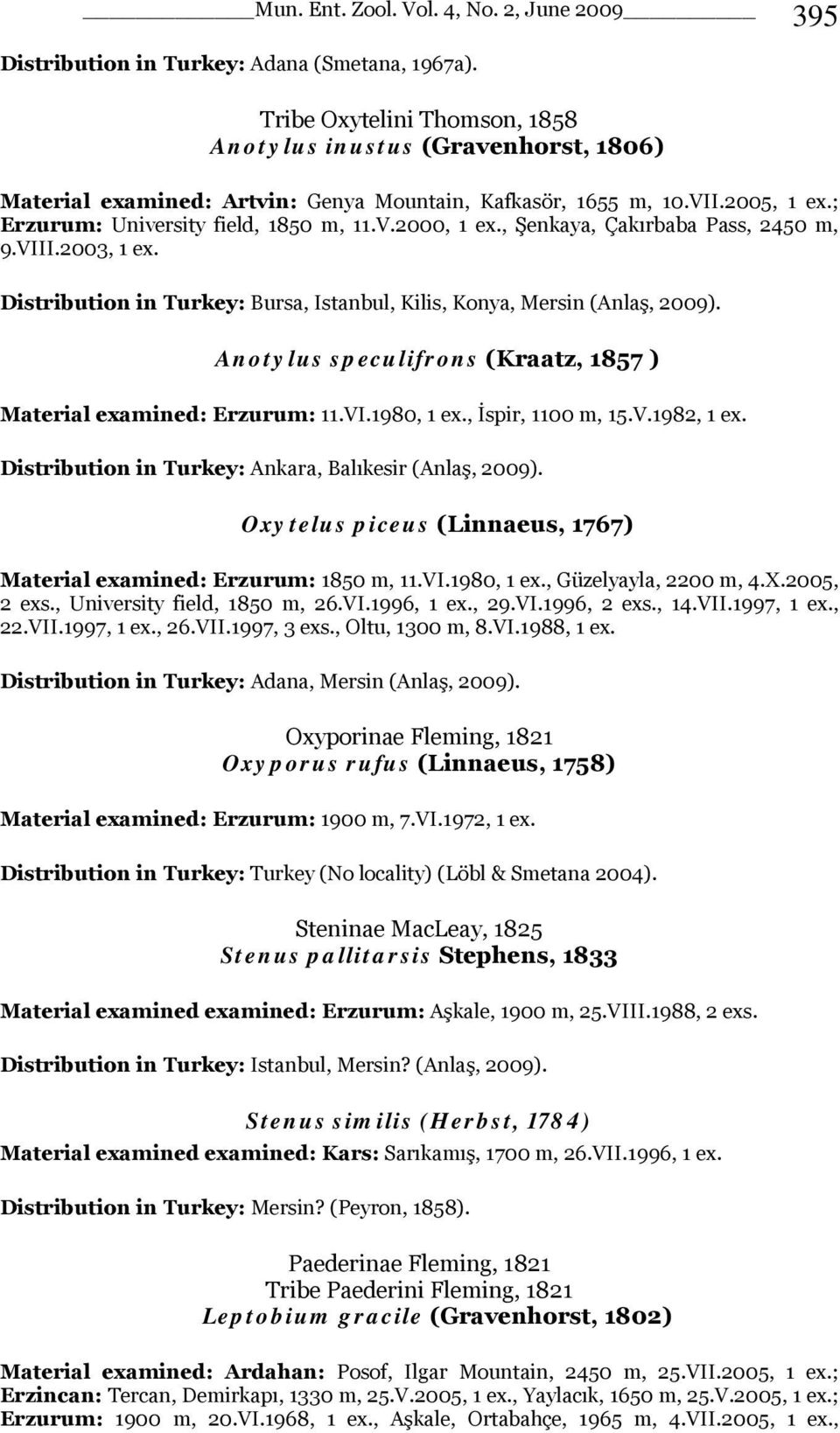 , Şenkaya, Çakırbaba Pass, 2450 m, 9.VIII.2003, 1 ex. Distribution in Turkey: Bursa, Istanbul, Kilis, Konya, Mersin (Anlaş, 2009). Anotylus speculifrons (Kraatz, 1857 ) Material examined: Erzurum: 11.