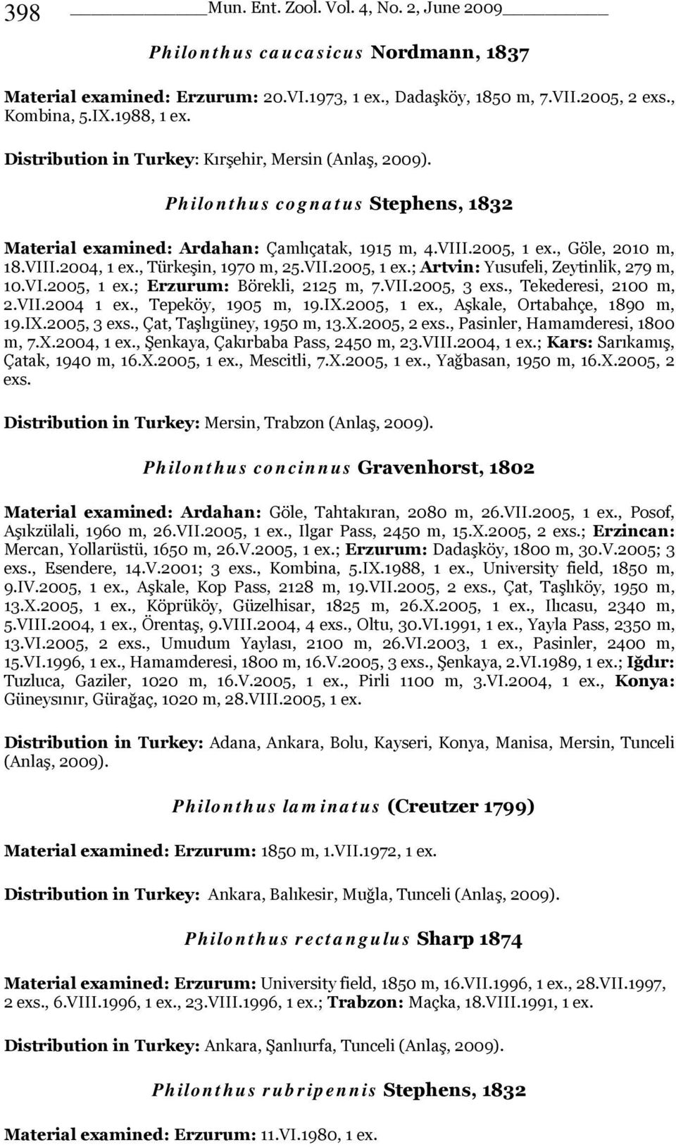 , Türkeşin, 1970 m, 25.VII.2005, 1 ex.; Artvin: Yusufeli, Zeytinlik, 279 m, 10.VI.2005, 1 ex.; Erzurum: Börekli, 2125 m, 7.VII.2005, 3 exs., Tekederesi, 2100 m, 2.VII.2004 1 ex., Tepeköy, 1905 m, 19.