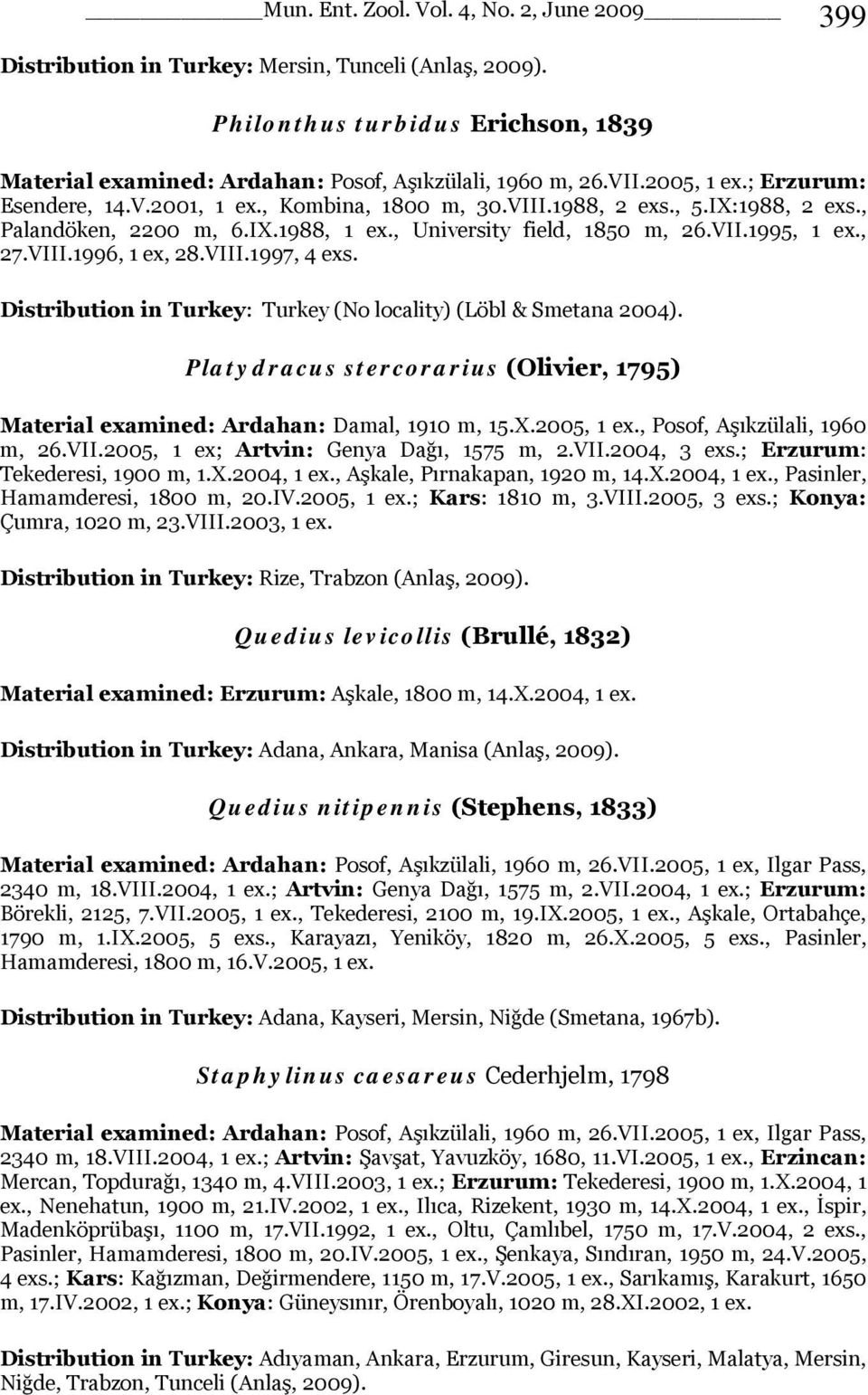 VIII.1997, 4 exs. Distribution in Turkey: Turkey (No locality) (Löbl & Smetana 2004). Platydracus stercorarius (Olivier, 1795) Material examined: Ardahan: Damal, 1910 m, 15.X.2005, 1 ex.