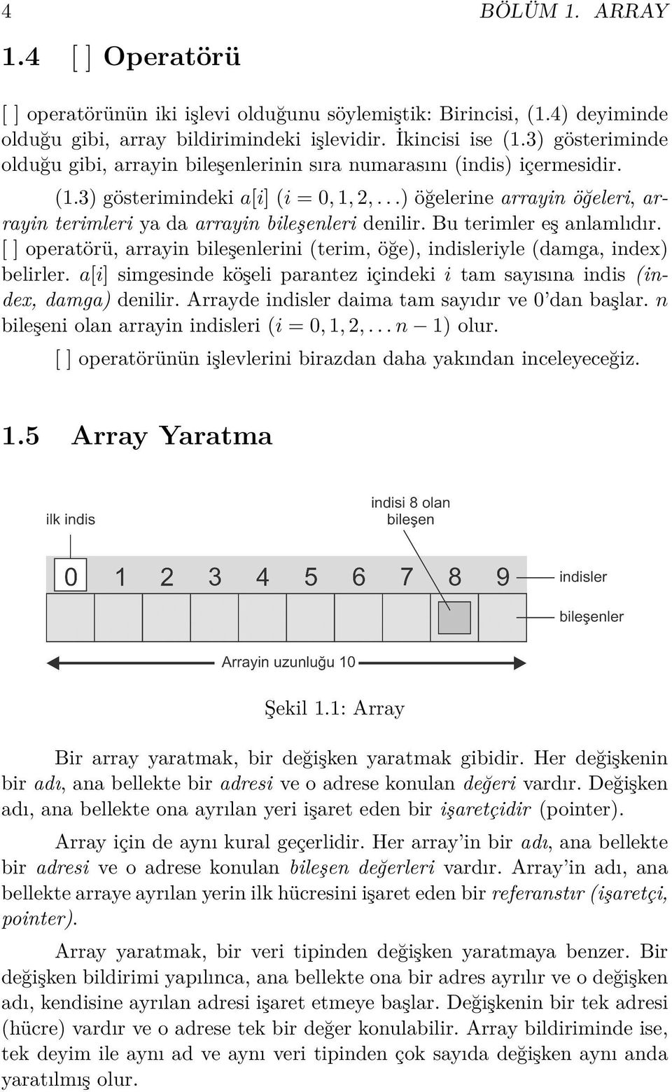 ..) öğelerine arrayin öğeleri, arrayin terimleri ya da arrayin bileşenleri denilir. Bu terimler eş anlamlıdır. [ ] operatörü, arrayin bileşenlerini (terim, öğe), indisleriyle (damga, index) belirler.
