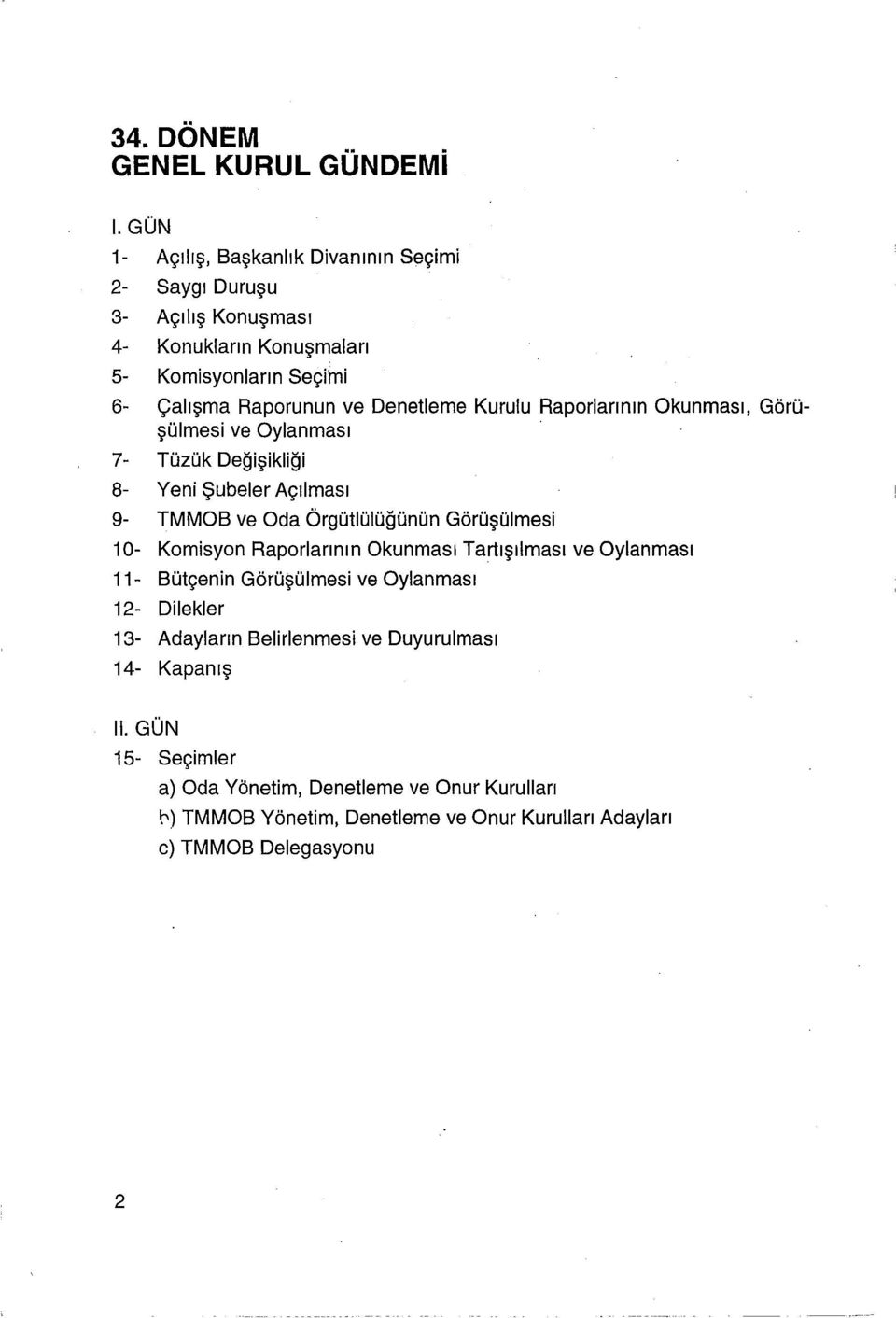 Kurulu Raporlarının Okunması, Görüşülmesi ve Oylanması 7- Tüzük Değişikliği 8- Yeni Şubeler Açılması 9- TMMOB ve Oda Örgütlülüğünün Görüşülmesi 10- Komisyon