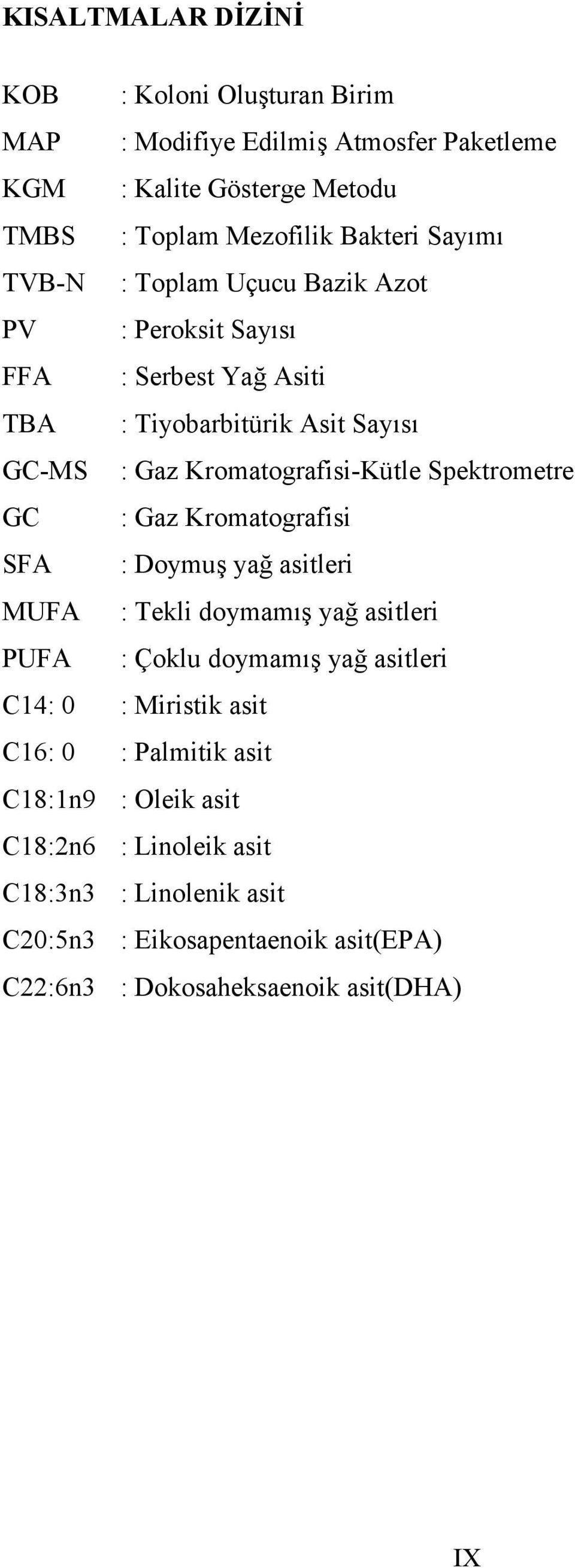 Spektrometre GC : Gaz Kromatografisi SFA : Doymuş yağ asitleri MUFA : Tekli doymamış yağ asitleri PUFA : Çoklu doymamış yağ asitleri C14: 0 : Miristik asit