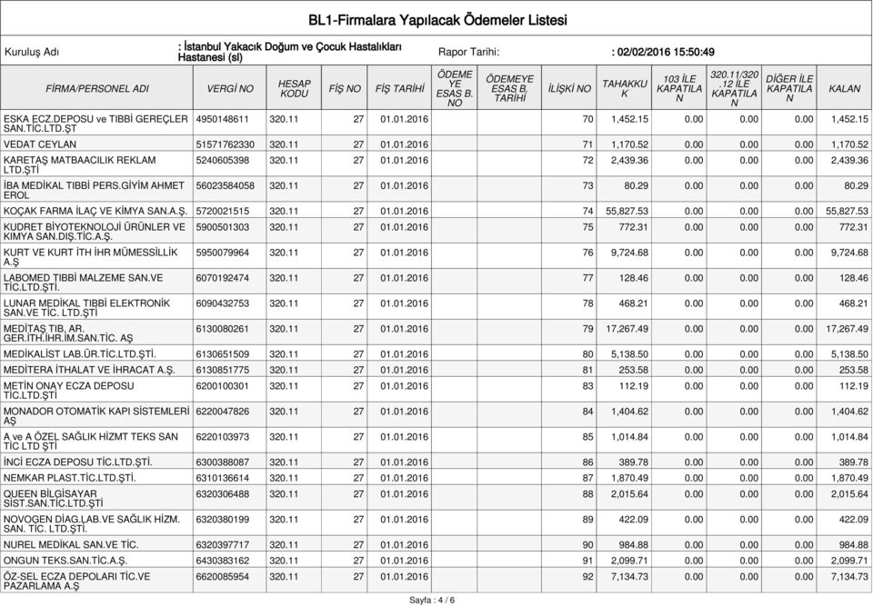 36 0.00 0.00 0.00 2,439.36 56023584058 320.11 27 01.01.2016 73 80.29 0.00 0.00 0.00 80.29 OÇA FARMA İLAÇ VE İMYA SA.A.Ş. 5720021515 320.11 27 01.01.2016 74 55,827.53 0.00 0.00 0.00 55,827.