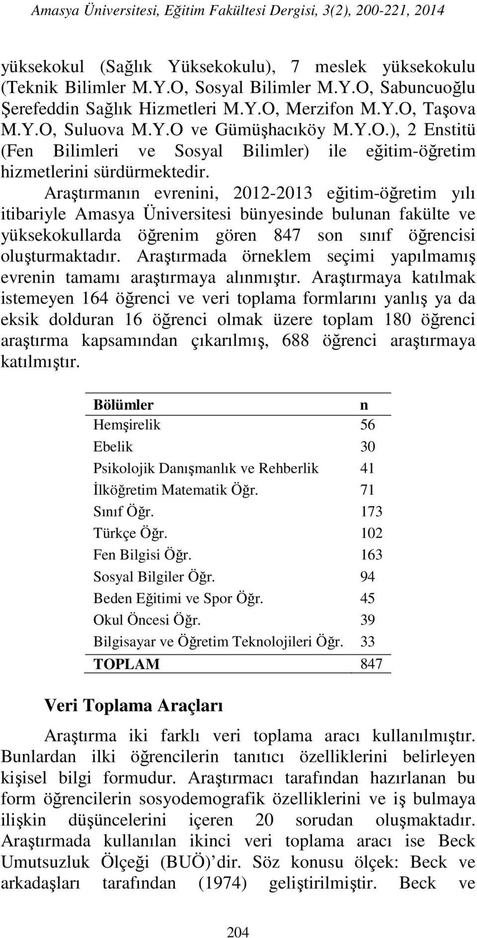 Araştırmanın evrenini, 2012-2013 eğitim-öğretim yılı itibariyle Amasya Üniversitesi bünyesinde bulunan fakülte ve yüksekokullarda öğrenim gören 847 son sınıf öğrencisi oluşturmaktadır.