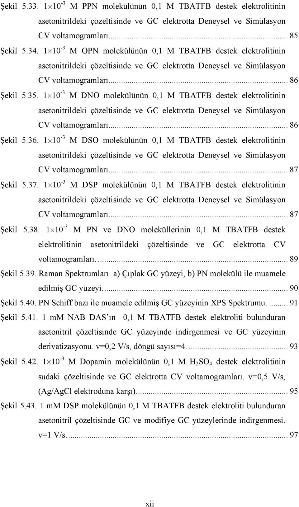 1 10-3 M DN molekülünün 0,1 M TBATFB destek elektrolitinin asetonitrildeki çözeltisinde ve GC elektrotta Deneysel ve Simülasyon CV voltamogramları... 86 Şekil 5.36.