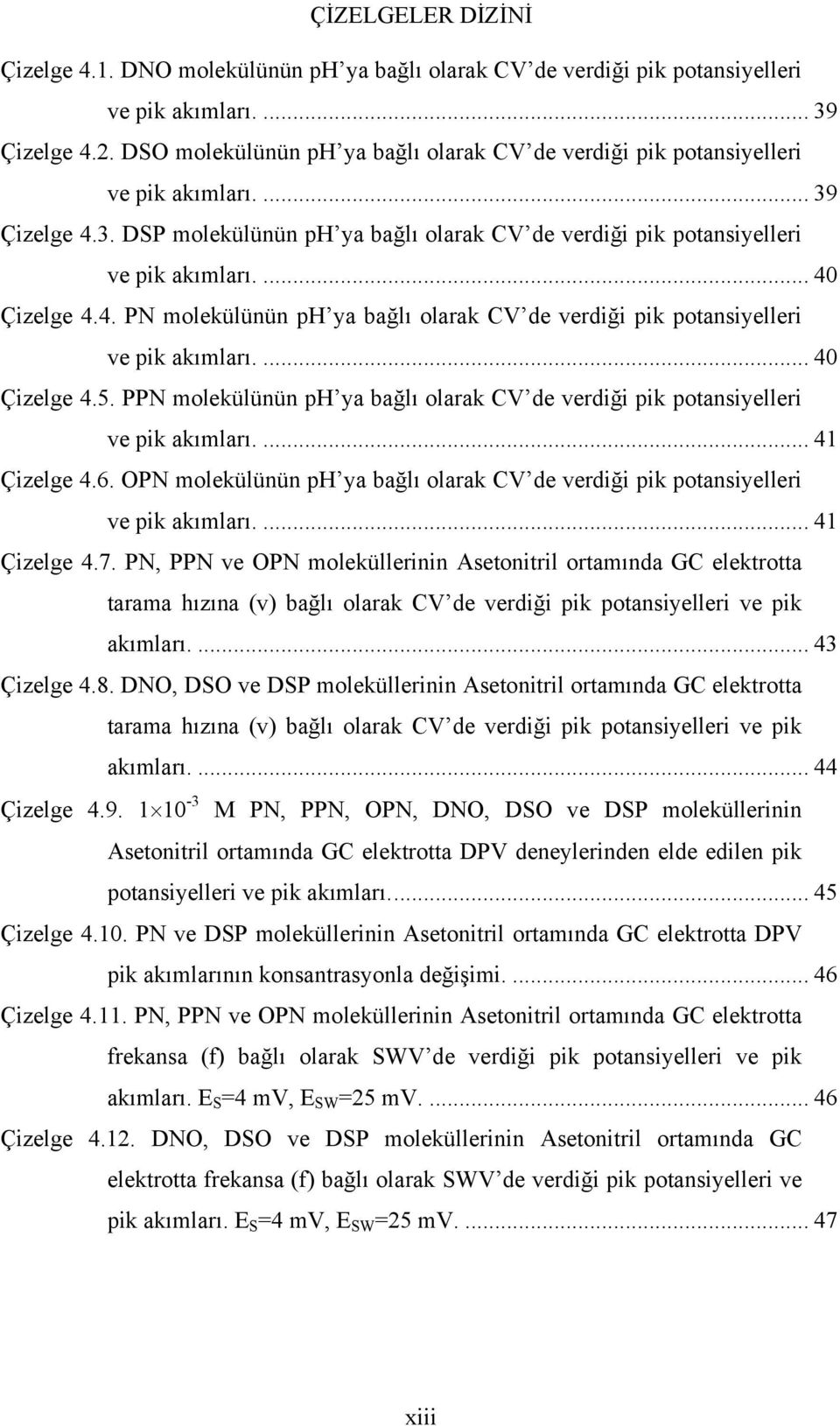 ... 40 Çizelge 4.4. PN molekülünün ph ya bağlı olarak CV de verdiği pik potansiyelleri ve pik akımları.... 40 Çizelge 4.5.