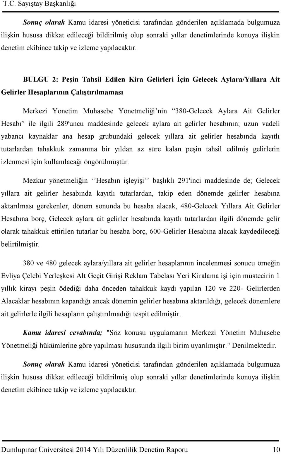 BULGU 2: PeĢin Tahsil Edilen Kira Gelirleri Ġçin Gelecek Aylara/Yıllara Ait Gelirler Hesaplarının ÇalıĢtırılmaması Merkezi Yönetim Muhasebe Yönetmeliği nin 380-Gelecek Aylara Ait Gelirler Hesabı ile