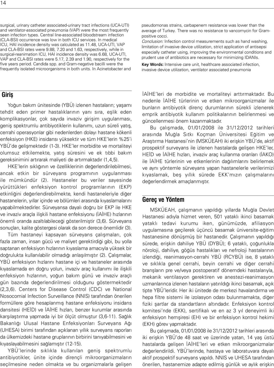 88, 7.20 and 1.63, respectively, while in surgical-reanimation ICU, HAI incidence density was 6.68, UCA-UTI, VAP and CLA-BSI rates were 5.17, 2.39 and 1.90, respectively for the five years period.