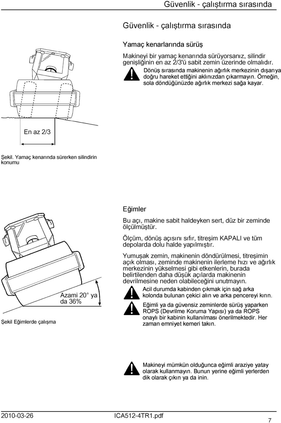 Yamaç kenarında sürerken silindirin konumu Şekil Eğimlerde çalışma Azami 20 ya da 36% Eğimler Bu açı, makine sabit haldeyken sert, düz bir zeminde ölçülmüştür.
