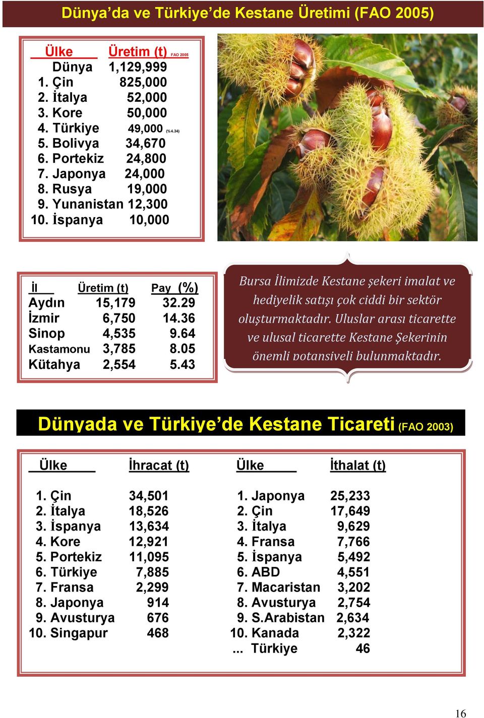 05 Kütahya 2,554 5.43 Bursa İlimizde Kestane şekeri imalat ve hediyelik satışı çok ciddi bir sektör oluşturmaktadır.