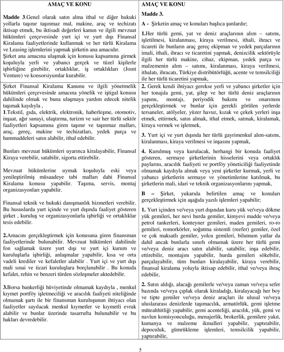 dıı Finansal Kiralama faaliyetlerinde kullanmak ve her türlü Kiralama ve Leasing ilemlerini yapmak irketin ana amacıdır.