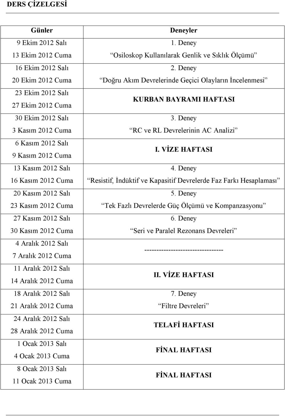 Aralık 2012 Salı 21 Aralık 2012 Cuma 24 Aralık 2012 Salı 28 Aralık 2012 Cuma 1 Ocak 2013 Salı 4 Ocak 2013 Cuma 8 Ocak 2013 Salı 11 Ocak 2013 Cuma Deneyler 1.