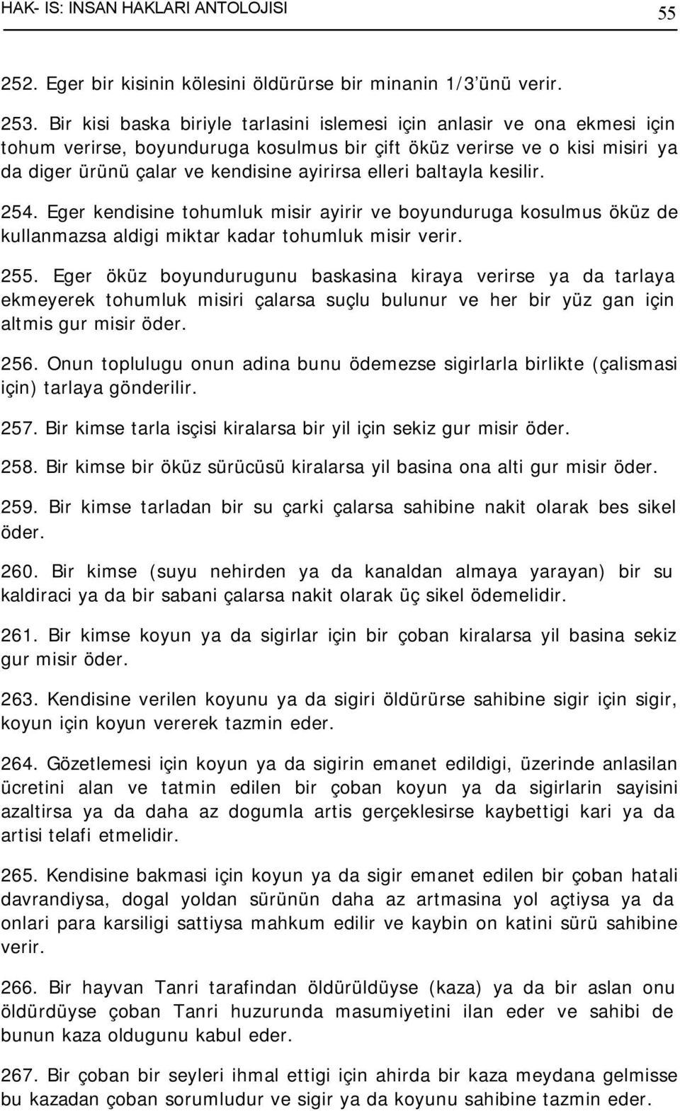 elleri baltayla kesilir. 254. Eger kendisine tohumluk misir ayirir ve boyunduruga kosulmus öküz de kullanmazsa aldigi miktar kadar tohumluk misir verir. 255.