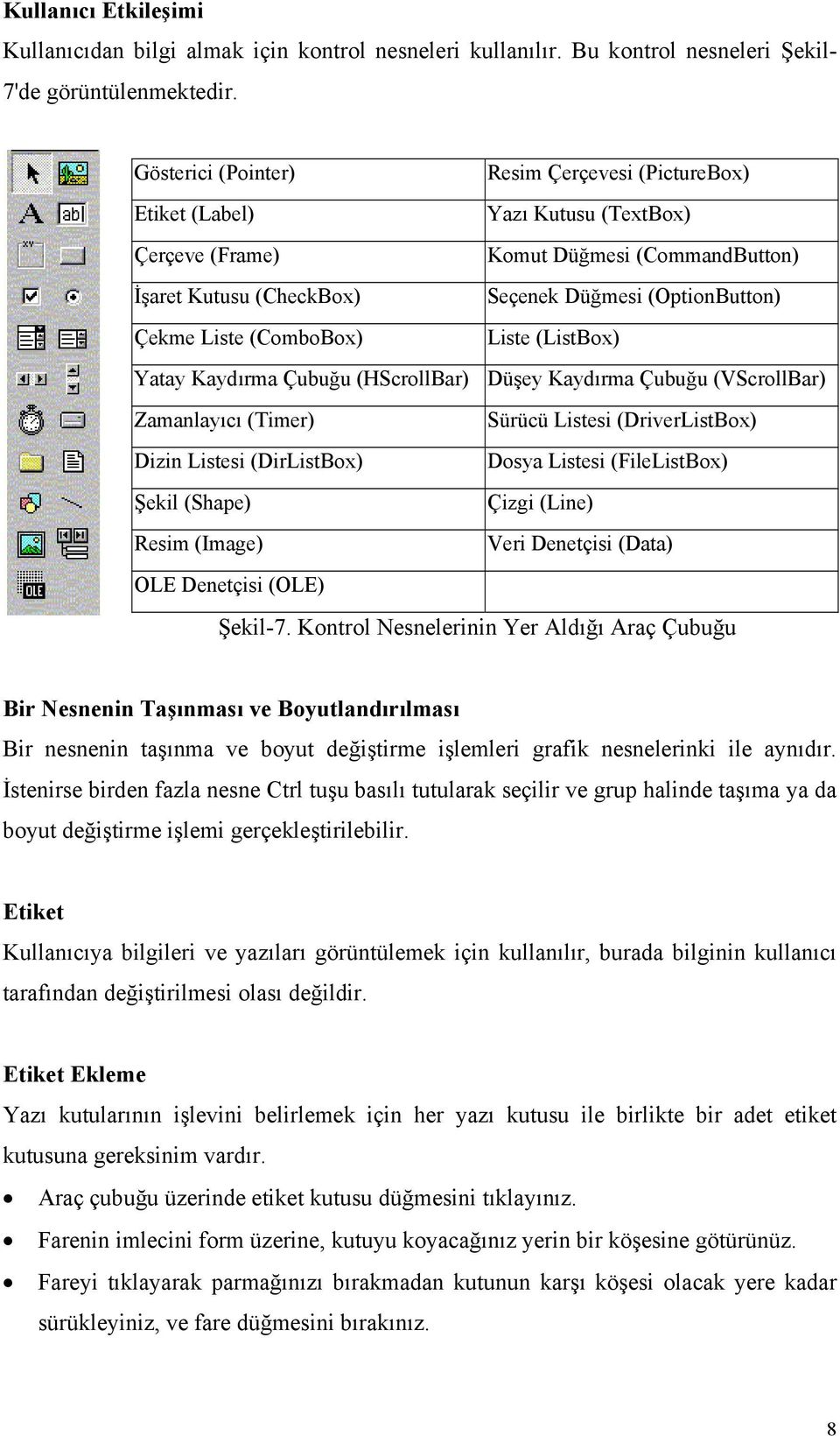 (ComboBox) Liste (ListBox) Yatay Kaydırma Çubuğu (HScrollBar) Düşey Kaydırma Çubuğu (VScrollBar) Zamanlayıcı (Timer) Sürücü Listesi (DriverListBox) Dizin Listesi (DirListBox) Dosya Listesi