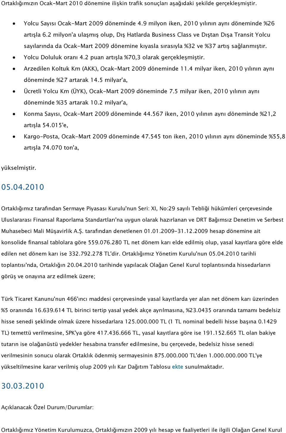 2 puan artışla %70,3 olarak gerçekleşmiştir. Arzedilen Koltuk Km (AKK), Ocak-Mart 2009 döneminde 11.4 milyar iken, 2010 yılının aynı döneminde %27 artarak 14.