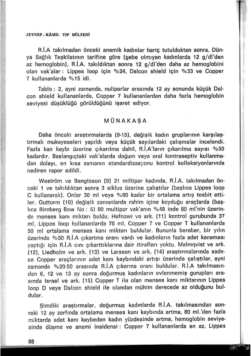 MÜNAKAŞA Daha önceki araştırmalarda (9-15). değişik kadın gruplarının karşılaştırmalı mukayeseleri yapıldı veya küçük sayılardaki çalışmalar incelendi. Fazla kan kaybı üzerine çıkarılma dahil, R.İ.