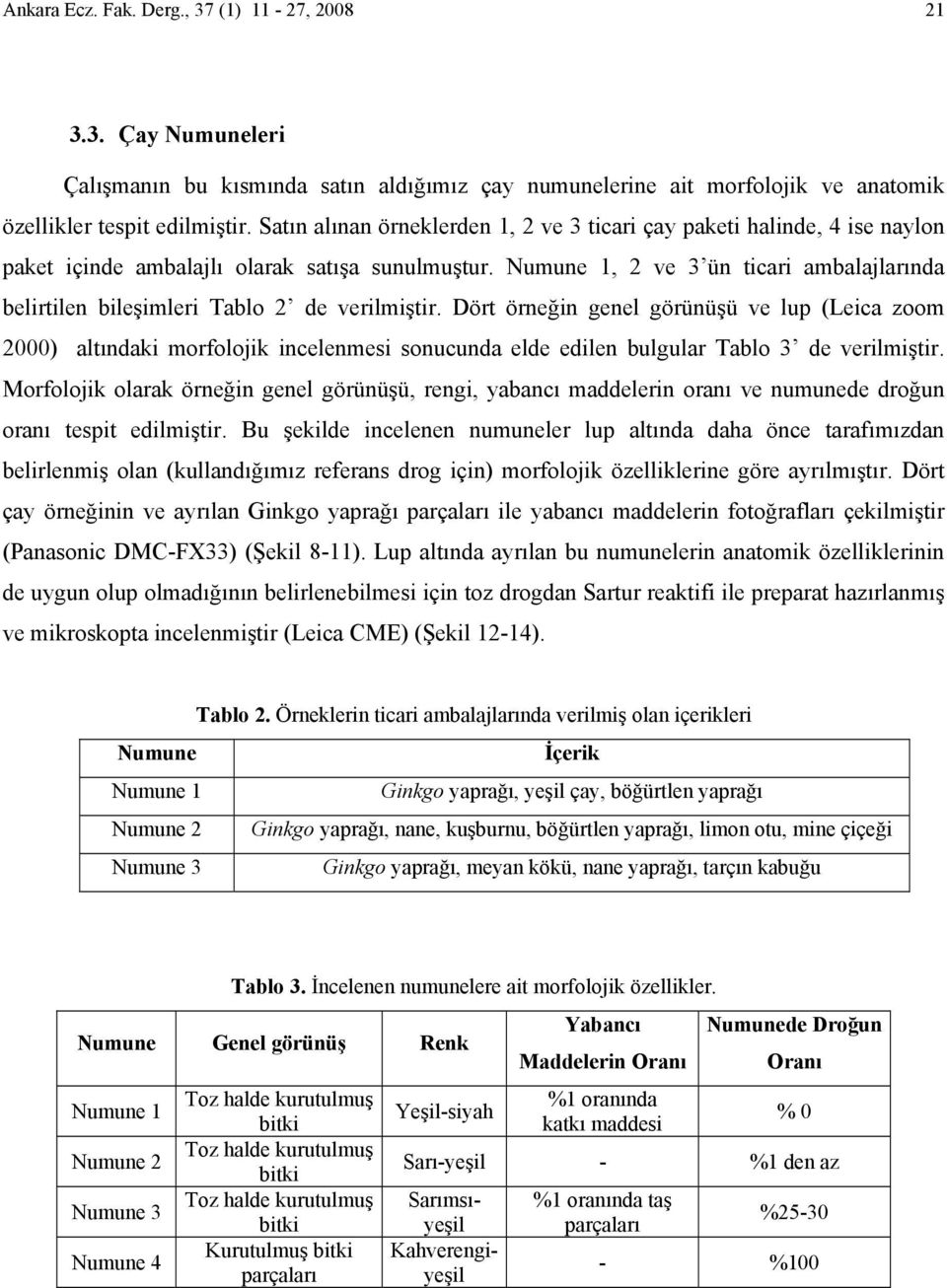 Numune 1, 2 ve 3 ün ticari ambalajlarında belirtilen bileşimleri Tablo 2 de verilmiştir.