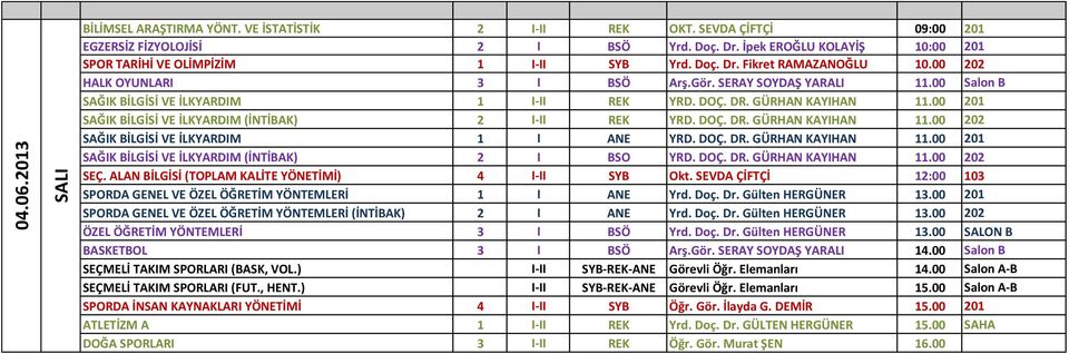 00 Salon B SAĞIK BİLGİSİ VE İLKYARDIM 1 I-II REK YRD. DOÇ. DR. GÜRHAN KAYIHAN 11.00 201 SAĞIK BİLGİSİ VE İLKYARDIM (İNTİBAK) 2 I-II REK YRD. DOÇ. DR. GÜRHAN KAYIHAN 11.00 202 SAĞIK BİLGİSİ VE İLKYARDIM 1 I ANE YRD.