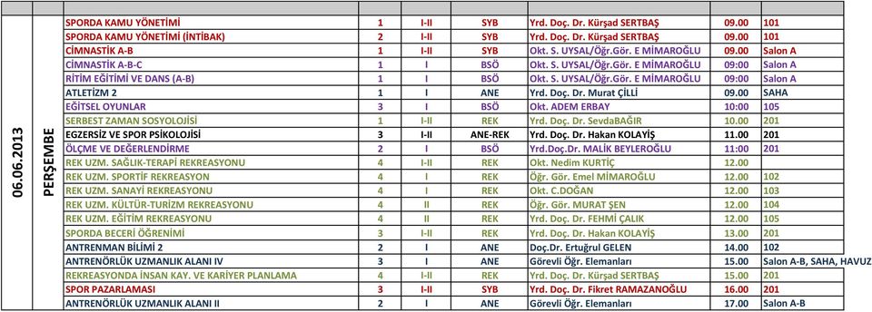 Doç. Dr. Murat ÇİLLİ 09.00 SAHA EĞİTSEL OYUNLAR 3 I BSÖ Okt. ADEM ERBAY 10:00 105 SERBEST ZAMAN SOSYOLOJİSİ 1 I-II REK Yrd. Doç. Dr. SevdaBAĞIR 10.