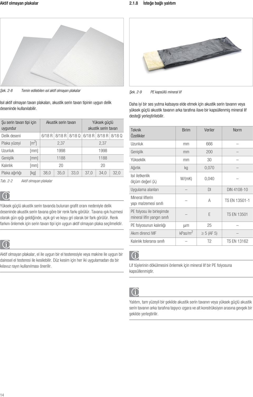 2-2 Aktif olmayan plakalar Akustik serin tavan Yüksek güçlü akustik serin tavan 6/18 R 8/18 R 8/18 Q 6/18 R 8/18 R 8/18 Q Plaka yüzeyi [m 2 ] 2,37 2,37 Uzunluk [mm] 1998 1998 Genişlik [mm] 1188 1188