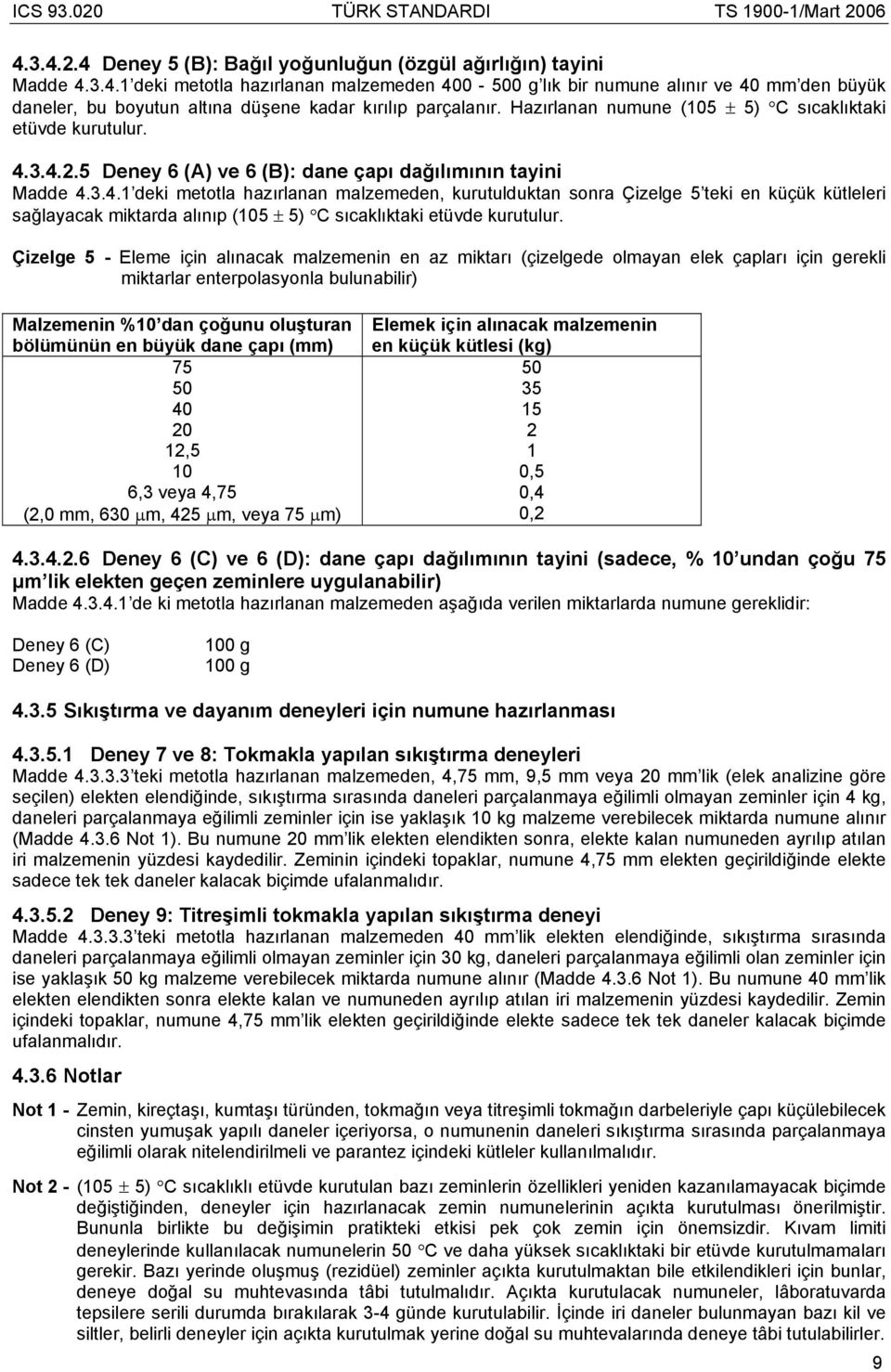 3.4.2.5 Deney 6 (A) ve 6 (B): dane çapı dağılımının tayini Madde 4.3.4.1 deki metotla hazırlanan malzemeden, kurutulduktan sonra Çizelge 5 teki en küçük kütleleri sağlayacak miktarda alınıp (105 ± 5) C sıcaklıktaki etüvde kurutulur.