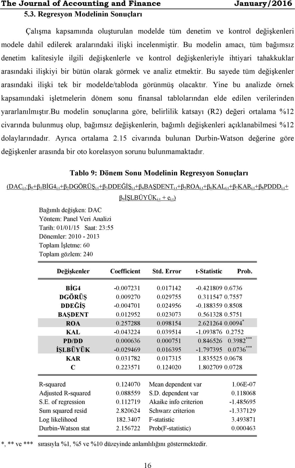 Bu modelin amacı, tüm bağımsız denetim kalitesiyle ilgili değişkenlerle ve kontrol değişkenleriyle ihtiyari tahakkuklar arasındaki ilişkiyi bir bütün olarak görmek ve analiz etmektir.