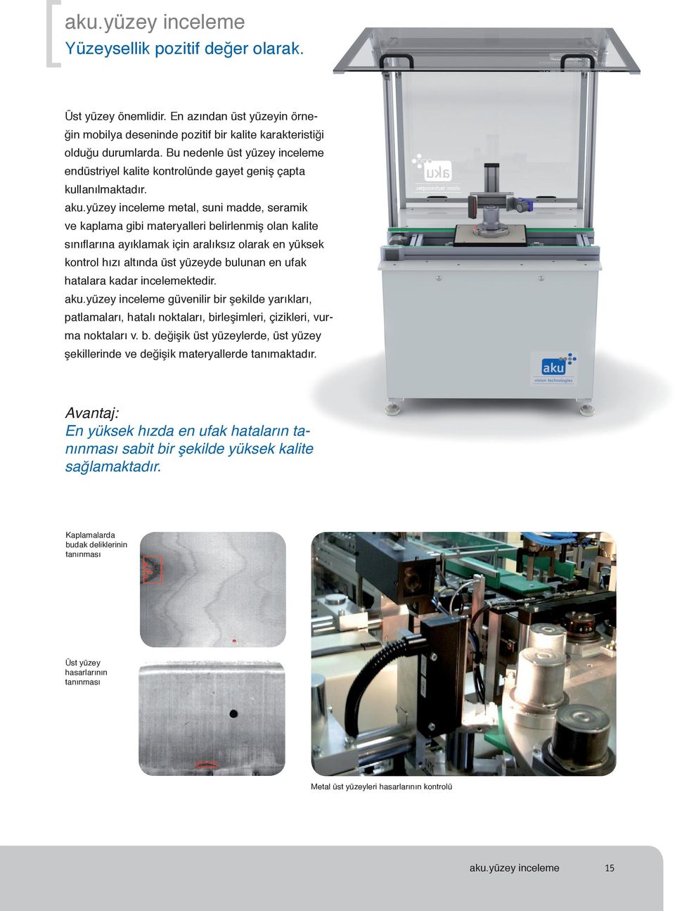 yüzey inceleme metal, suni madde, seramik ve kaplama gibi materyalleri belirlenmiş olan kalite sınıflarına ayıklamak için aralıksız olarak en yüksek kontrol hızı altında üst yüzeyde bulunan en ufak