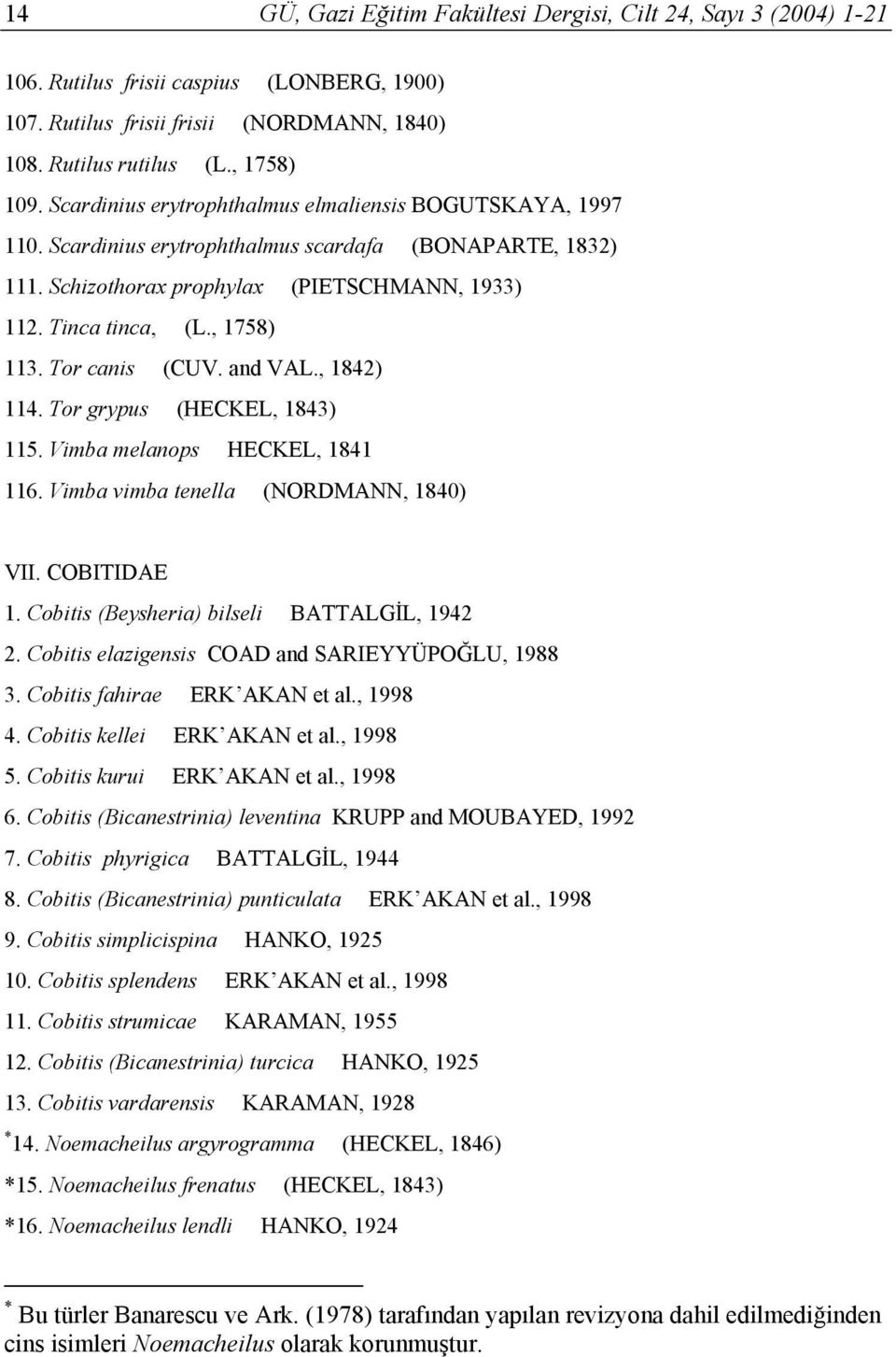 Tor canis (CUV. and VAL., 1842) 114. Tor grypus (HECKEL, 1843) 115. Vimba melanops HECKEL, 1841 116. Vimba vimba tenella (NORDMANN, 1840) VII. COBITIDAE 1.