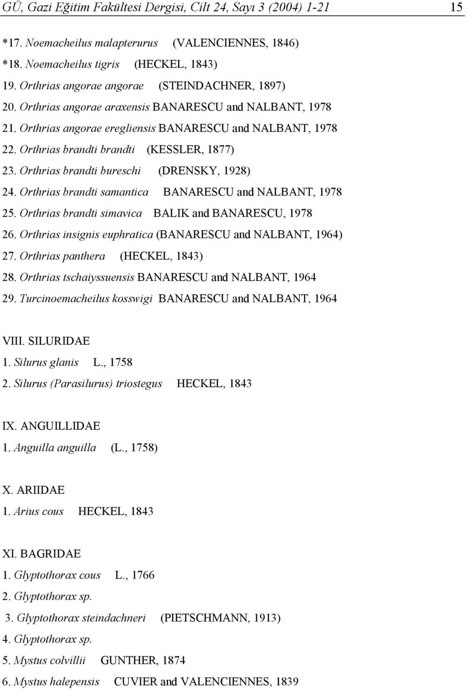 Orthrias brandti brandti (KESSLER, 1877) 23. Orthrias brandti bureschi (DRENSKY, 1928) 24. Orthrias brandti samantica BANARESCU and NALBANT, 1978 25.