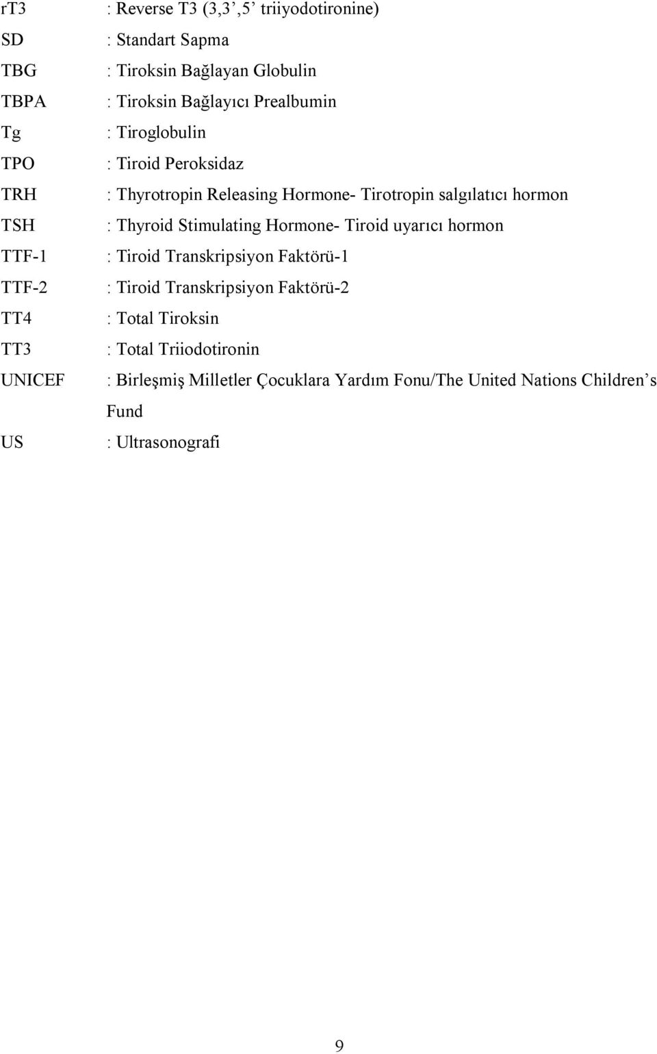 salgılatıcı hormon : Thyroid Stimulating Hormone- Tiroid uyarıcı hormon : Tiroid Transkripsiyon Faktörü-1 : Tiroid Transkripsiyon