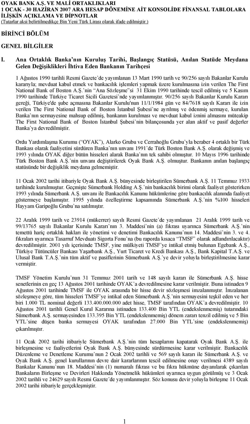 tarih ve 90/256 sayılı Bakanlar Kurulu kararıyla; mevduat kabul etmek ve bankacılık işlemleri yapmak üzere kurulmasına izin verilen The First National Bank of Boston A.Ş.