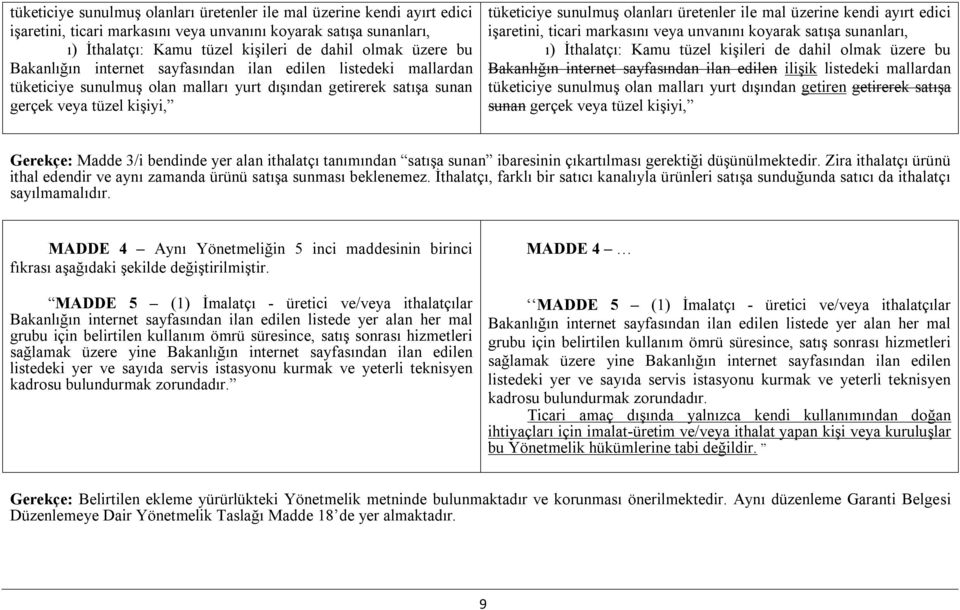 edilen ilişik listedeki mallardan tüketiciye sunulmuş olan malları yurt dışından getiren getirerek satışa sunan gerçek veya tüzel kişiyi, Gerekçe: Madde 3/i bendinde yer alan ithalatçı tanımından