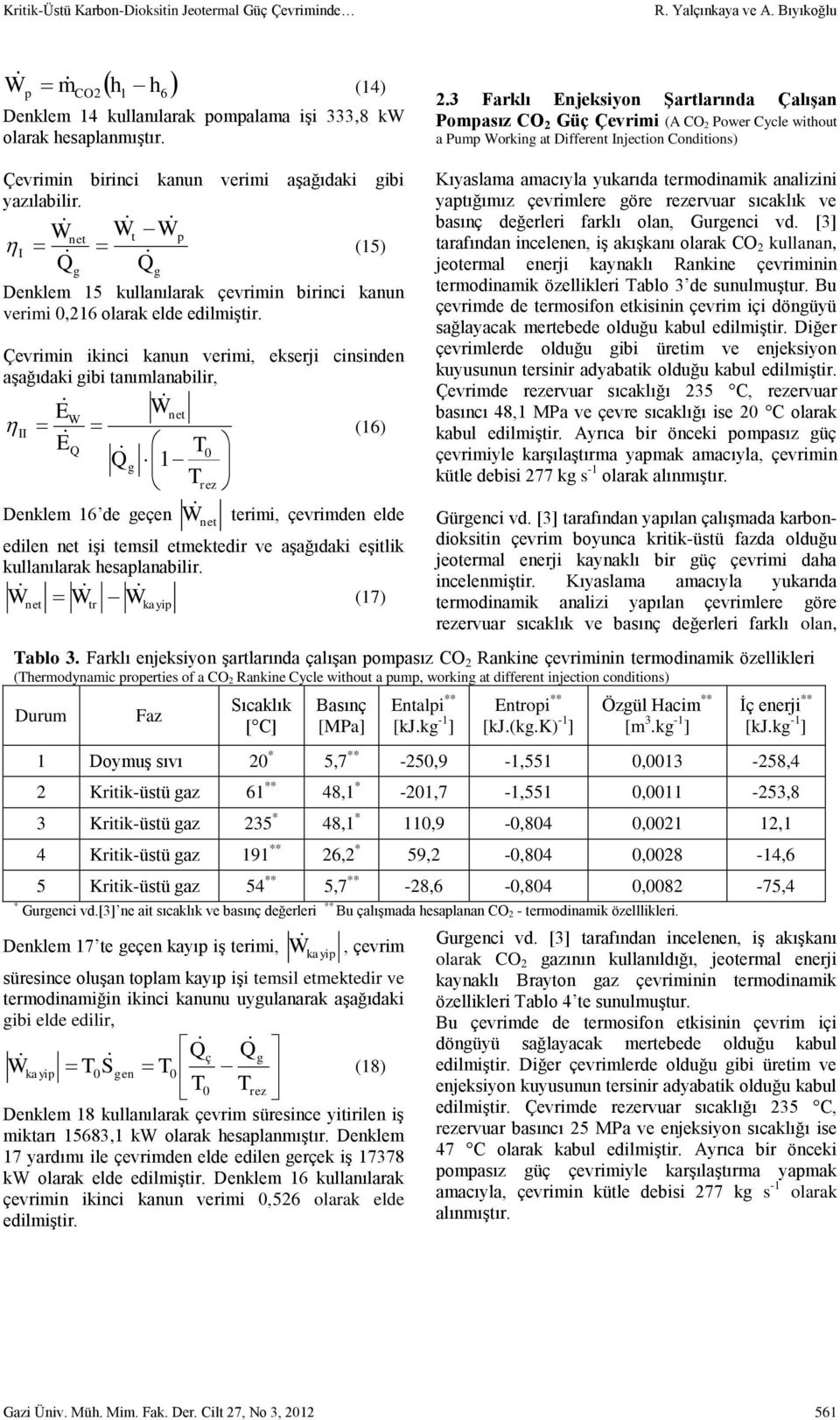 W W W net t p (15) Q Q Denklem 15 kullanılarak çevrimin birinci kanun verimi 0,216 olarak elde edilmiştir.