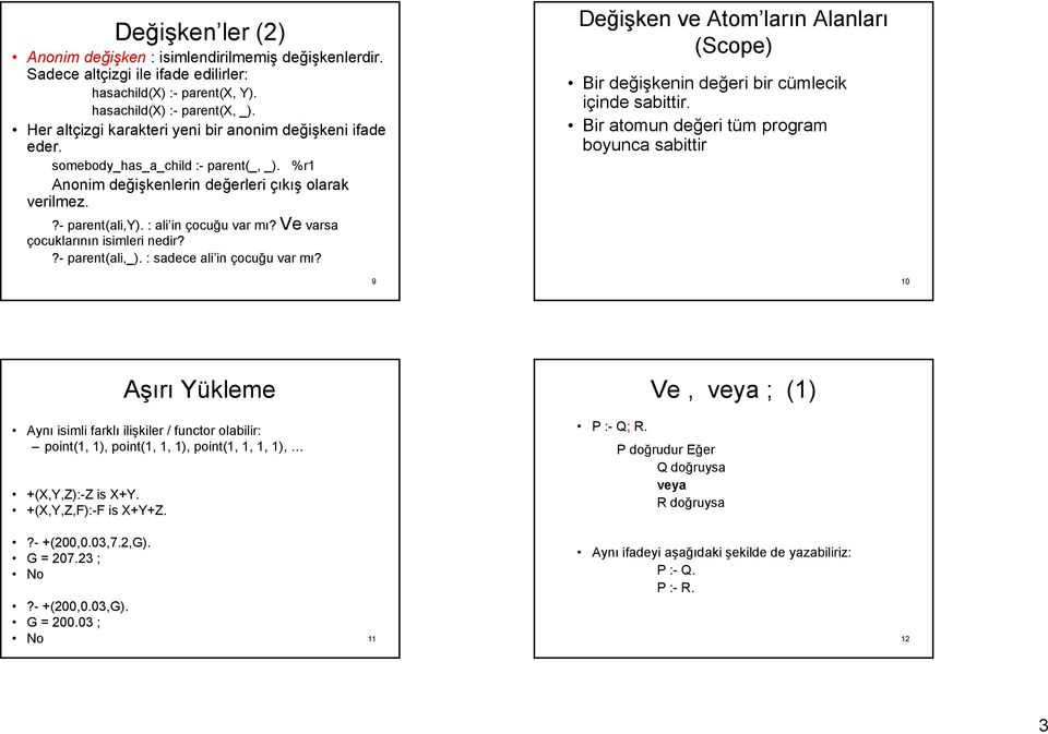 Ve varsa çocuklarının isimleri nedir??- parent(ali,_). : sadece ali in çocuğu var mı? Değişken ve Atom ların Alanları (Scope) Bir değişkenin değeri bir cümlecik içinde sabittir.