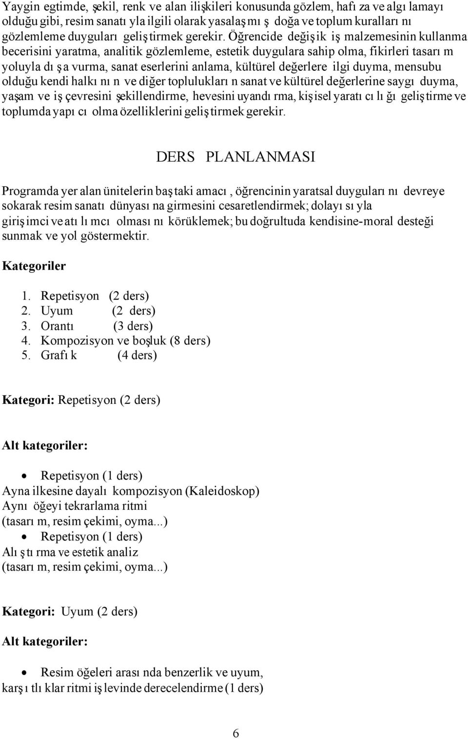 Öğrencide değişik iş malzemesinin kullanma becerisini yaratma, analitik gözlemleme, estetik duygulara sahip olma, fikirleri tasarım yoluyla dışa vurma, sanat eserlerini anlama, kültürel değerlere