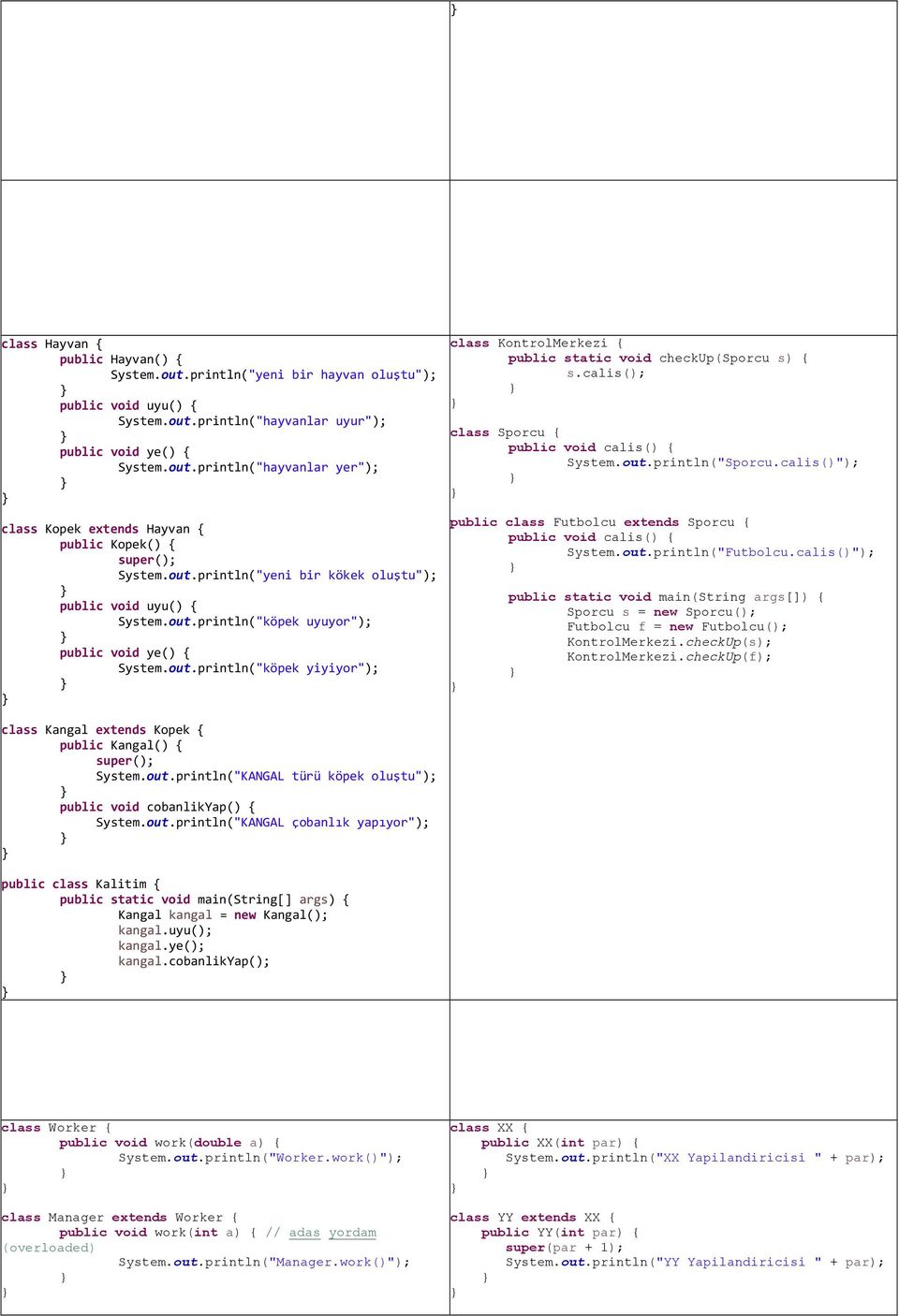 out.println("KANGAL türü köpek oluştu"); public void cobanlikyap() { System.out.println("KANGAL çobanlık yapıyor"); public static void main(string[] args) { Kangal kangal = new Kangal(); kangal.