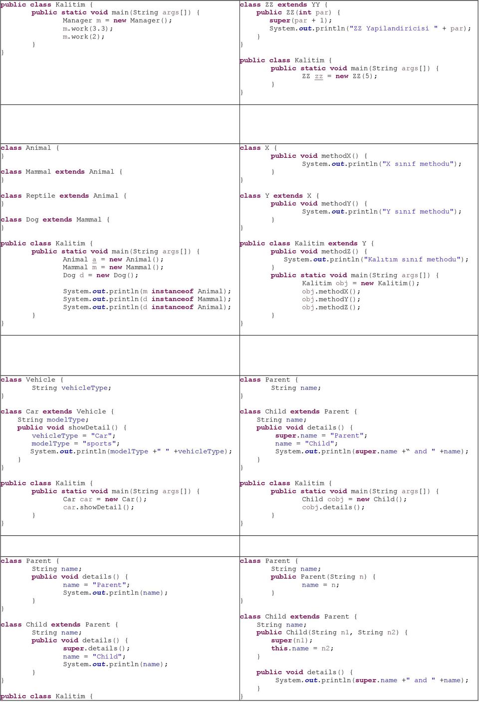 Mammal(); Dog d = new Dog(); System.out.println(m instanceof Animal); System.out.println(d instanceof Mammal); System.out.println(d instanceof Animal); class X { public void methodx() { System.out.println("X sınıf methodu"); class Y extends X { public void methody() { System.