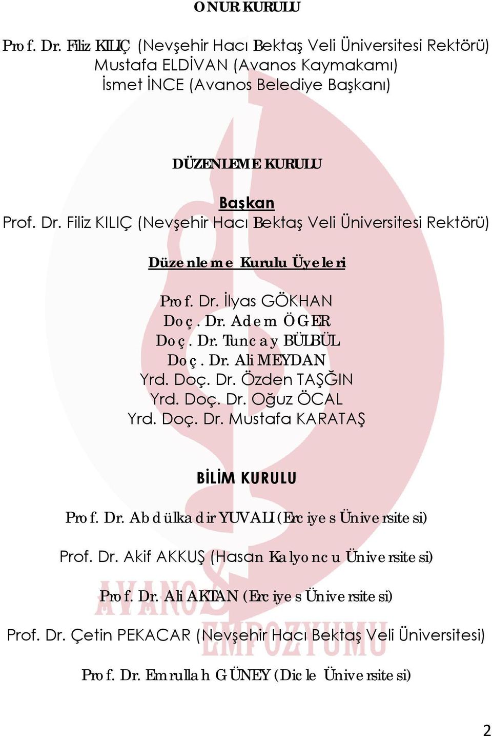 Filiz KILIÇ (Nevşehir Hacı Bektaş Veli Üniversitesi Rektörü) Düzenleme Kurulu Üyeleri Prof. Dr. İlyas GÖKHAN Doç. Dr. Adem ÖGER Doç. Dr. Tuncay BÜLBÜL Doç. Dr. Ali MEYDAN Yrd.