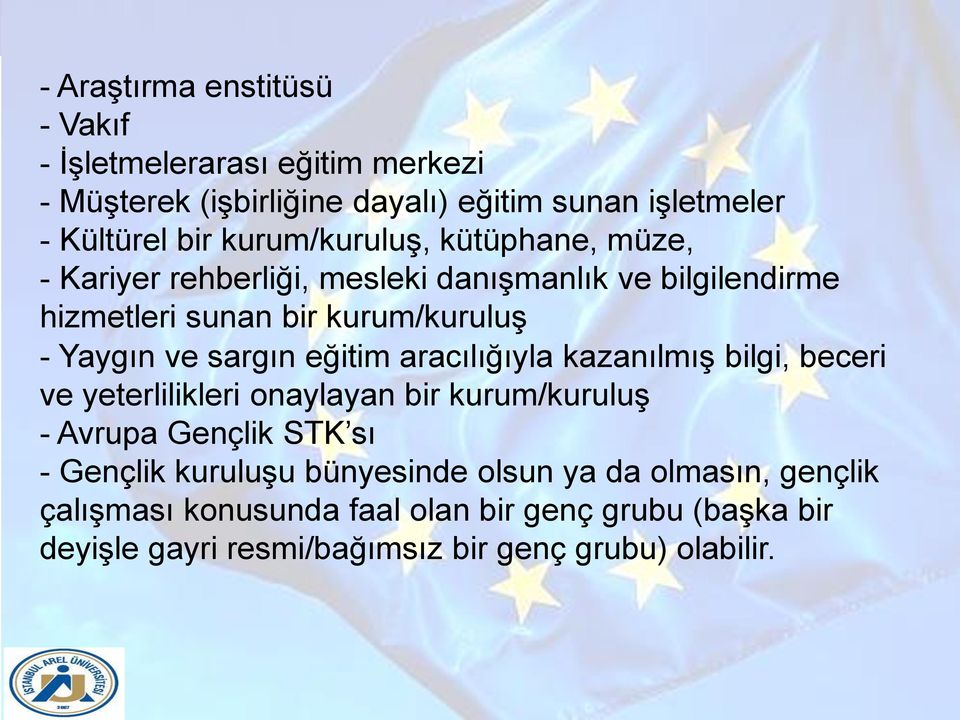 sargın eğitim aracılığıyla kazanılmış bilgi, beceri ve yeterlilikleri onaylayan bir kurum/kuruluş - Avrupa Gençlik STK sı - Gençlik kuruluşu