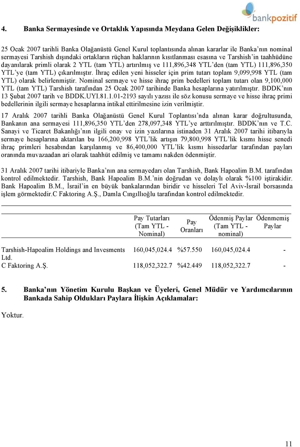 YTL) çıkarılmıştır. İhraç edilen yeni hisseler için prim tutarı toplam 9,099,998 YTL (tam YTL) olarak belirlenmiştir.