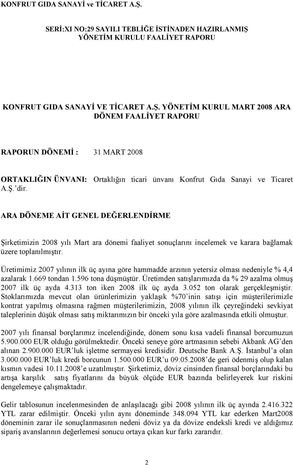 Üretimimiz 2007 yılının ilk üç ayına göre hammadde arzının yetersiz olması nedeniyle % 4,4 azalarak 1.669 tondan 1.596 tona düşmüştür. Üretimden satışlarımızda da % 29 azalma olmuş 2007 ilk üç ayda 4.