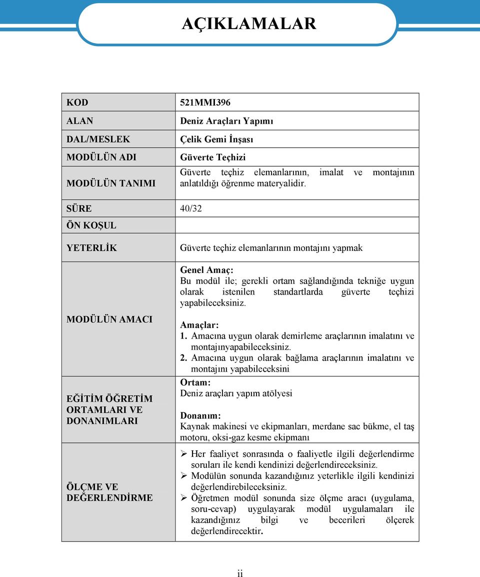 SÜRE 40/32 ÖN KOŞUL YETERLİK Güverte teçhiz elemanlarının montajını yapmak Genel Amaç: Bu modül ile; gerekli ortam sağlandığında tekniğe uygun olarak istenilen standartlarda güverte teçhizi