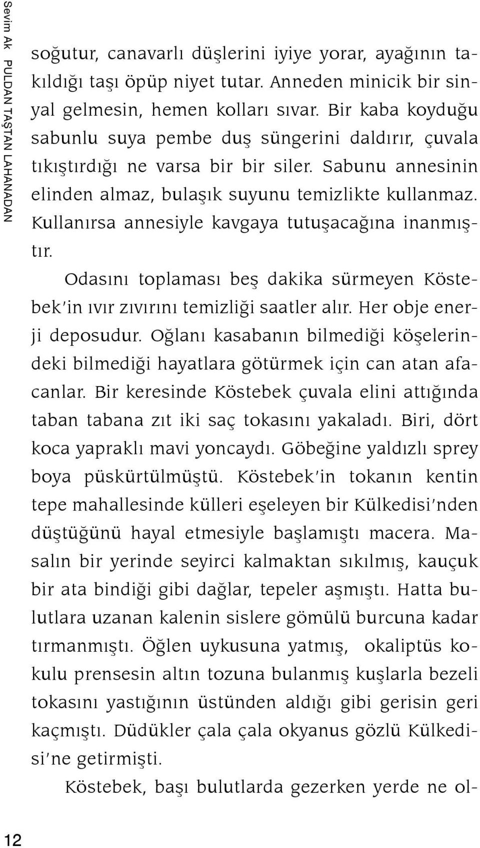 Kullanırsa annesiyle kavgaya tutuşacağına inanmıştır. Odasını toplaması beş dakika sürmeyen Köstebek in ıvır zıvırını temizliği saatler alır. Her obje enerji deposudur.