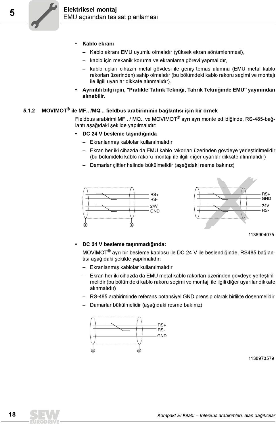 Ayrıntılı bilgi için, "Pratikte Tahrik Tekniği, Tahrik Tekniğinde EMU" yayınından alınabilir..1.2 MOVIMOT ile MF.. /MQ.. fieldbus arabiriminin bağlantısı için bir örnek Fieldbus arabirimi MF.. / MQ.