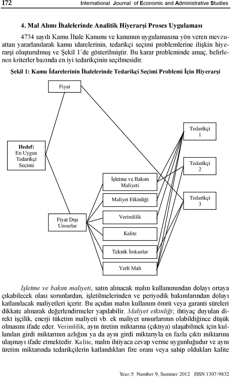 ilişkin hiyerarşi oluşturulmuş ve Şekil 1 de gösterilmiştir. Bu karar probleminde amaç, belirlenen kriterler bazında en iyi tedarikçinin seçilmesidir.